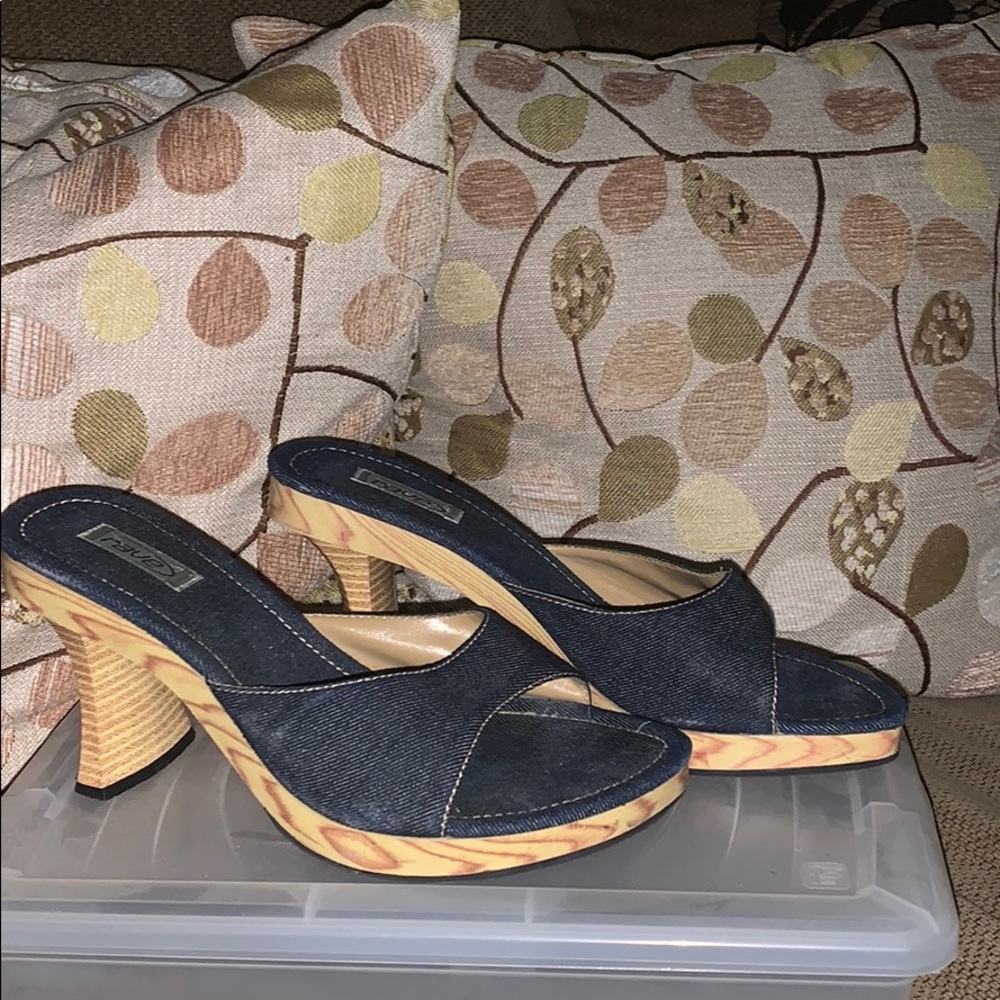SIZE 10 blue jean slides with wooden heel